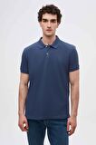 D'S Damat Regular Fit İndigo Pike Dokulu %100 Pamuk Kıvrılmaz Polo Yaka Nakışlı T-Shirt 4HC14ORT51000