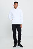 Erkek Beyaz Standart Fit Normal Kesim Içi Polarlı 3 Iplik Kapüşonlu Pamuklu Sweatshirt