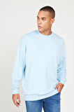 Erkek Açık Mavi Oversize Bol Kesim 3 Iplik Bisiklet Yaka Pamuklu Sweatshirt