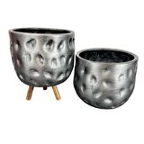 Ev Dekorasyon Aksesuar Gümüş Desenli Toprak Saksı Saksılık Salon Çiçeklik İkili Set Ayaksız - 3 Ayaklı- 19 CM
