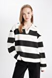 DeFacto Oversize Geniş Kalıp Çizgili Polo Yaka Kalın Sweatshirt D4754AX24AUWT32
