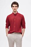 Slim Fit Bordo Oxford Düğmeli Yaka Kolay Ütülenebilir Nakış Detaylı Pamuklu Gömlek 4HC02ORT03265