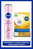 Nivea Kadın Sprey Deodorant Pearl&Beauty 150ml ve Yüksek Güneş Korumalı Dudak Bakım Kremi, SPF50