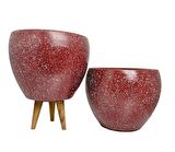 Ev Dekorasyon Bordo Granit Toprak Saksı Saksılık Salon Çiçeklik İkili Set Ayaksız - 3 Ayaklı- 15 CM