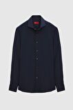 Ds Damat Slim Fit Lacivert İtalyan Yaka Kahverengi Düğmeli Gömlek 2HF02ORT3185