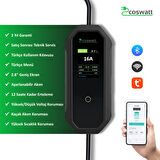 Coswatt Elektrikli Araç Taşınabilir Şarj Cihazı 3.5 kW / 16A / Türkçe Menü / 5M / Tip-2 Soket / 2x16A Ev Tipi Fiş / 220V AC / Taşıma Çantası