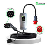 Coswatt Elektrikli Araç Taşınabilir Şarj Cihazı 22 kW / 32A / Türkçe Menü / 5M / Tip-2 Soket / 5x32A Fiş / 380V AC / Ev Tipi Priz Dönüştürücü Kablosu ve Taşıma Çantası
