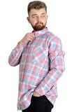 Mode XL Büyük Beden Erkek Gömlek Ekose Uzun Kollu 23300 Koyu Pembe