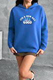 Saks Mavisi Kapşonlu Baskılı İçi Polarlı Sweatshirt