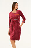 Fermuarlı Cepli Nakış Detaylı Kadife Pamuklu Elbise