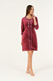 Bordo Kısa Kollu Nakış Detaylı Kadife Pamuklu Elbise