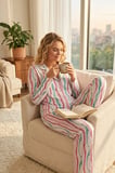 Kadın Çizgili Milano Kumaş Gömlek Yaka Boydan Düğmeli Uzun Kol Pijama Takımı