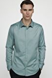 Tudors Slim Fit Likralı Düz Pamuk Saten Erkek Yeşil Gömlek