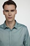 Tudors Slim Fit Likralı Düz Pamuk Saten Erkek Yeşil Gömlek