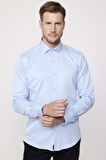 Modern Slim Fit Düz Saten Pamuklu Erkek Sax Mavi Gömlek