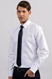 Tudors Modern Slim Fit Kendinden Desenli Düz Beyaz Gömlek