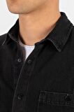 Tudors Relax Fit Rahat Kalıp Uzun Kol  Eskitmeli Siyah Denim Erkek Gömlek