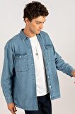 Tudors Oversıze Denim Çift Cep Kapaklı Çıtçıtlı Erkek Kot Gömlek