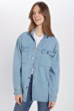 Unisex Oversize Geniş Kesim Denim Kot Çift Cepli Mavi Overshirt Ceket Tarzı Gömlek