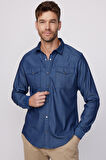 Slim Fit Uzun Kollu Spor Yaka Yıkamalı Çift Cepli Armürlü Denim Kot İndigo Erkek Gömlek