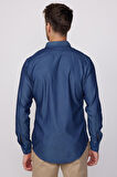 Slim Fit Uzun Kollu Spor Yaka Yıkamalı Çift Cepli Armürlü Denim Kot İndigo Erkek Gömlek