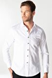 Tudors Slim Fit Uzun Kol Siyah Düğmeli Düz Erkek Beyaz Gömlek
