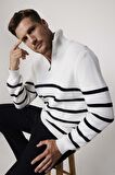 Erkek Slim Fit Fermuarlı Dik Yaka Çizgili Pamuklu  Kazak