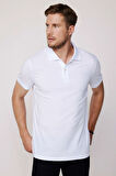 Erkek Slim Fit Dar Kesim %100 Pamuk Düz Pike Beyaz Polo Yaka Tişört