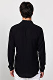 Slim Fit Uzun Kollu Dar Kesim Dökümlü Viskon Şık Erkek Siyah Gömlek