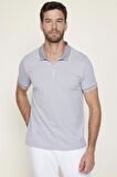Erkek Slim Fit Fermuarlı Polo Yaka Pike Pamuklu Gri Tişört