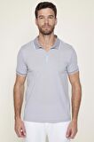 Erkek Slim Fit Fermuarlı Polo Yaka Pike Pamuklu Gri Tişört