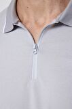 Erkek Slim Fit Fermuarlı Polo Yaka Pike Pamuklu Gri Tişört