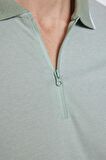 Erkek Slim Fit Fermuarlı Polo Yaka Pike Pamuklu Mint Tişört