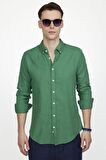 Tudors Slim Fit Uzun Kol Biyeli Yaka Düğmeli Keten Erkek Yeşil Gömlek