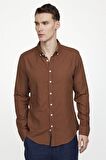 Tudors Slim Fit Uzun Kol Biyeli Yaka Düğmeli Keten Erkek Kahve Gömlek