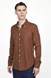 Tudors Slim Fit Uzun Kol Biyeli Yaka Düğmeli Keten Erkek Kahve Gömlek