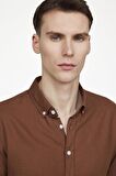 Tudors Slim Fit Uzun Kol Biyeli Yaka Düğmeli Keten Erkek Kahve Gömlek