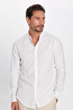 Erkek Slim Fit Dar Kesim Uzun Kollu %100 Pamuk Keten Doku Hakim Yaka Beyaz Gömlek