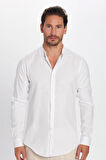 Erkek Slim Fit Dar Kesim Uzun Kollu %100 Pamuk Keten Doku Hakim Yaka Beyaz Gömlek
