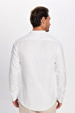 Erkek Slim Fit Dar Kesim Uzun Kollu %100 Pamuk Keten Doku Hakim Yaka Beyaz Gömlek