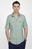 Tudors Slim Fit Uzun Kol Çift Cep Pamuk Keten Spor Yaka Erkek Yeşil Gömlek