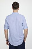 Tudors Slim Fit Uzun Kol Apoletli Keten Düz Erkek Mavi Gömlek