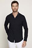 Slim Fit  Düz Hakim Yaka Kol Apoletli Ketenli Erkek Siyah Gömlek