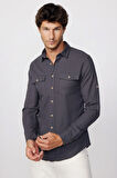 Erkek Slim Fit Dar Kesim %100 Pamuk Keten Doku Çift Cep Spor Yaka Füme Gömlek