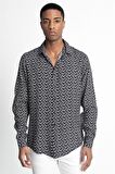 Slim Fit Dar Kesim Uzun Kol Baskılı Desen Viskon Tensel Spor Erkek Gömlek - TUDORS