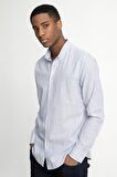 Tudors Slim Fit Uzun Kol Çizgili Keten Düğmeli Yaka Spor Erkek Mavi Gömlek