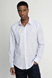Tudors Slim Fit Uzun Kol Çizgili Yaka İçi Biyeli Ketenli Erkek Gömlek