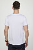 Erkek Slim Fit Dar Kesim %100 Pamuk Yumuşak Dokulu Baskılı Beyaz Bisiklet Yaka Tişört
