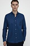 Tudors Klasik Fit Uzun Kol Düz Yaka Düğmeli Cepli Erkek Lacivert Gömlek