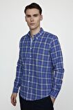 Tudors Slim Fit Uzun Kol Düğmeli Yaka Pamuklu Ekose Spor Erkek Sax Mavi Gömlek